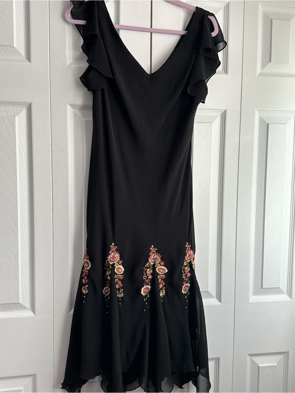 S.L. Fashions Black Midi Dress with Pink Floral Embroidery